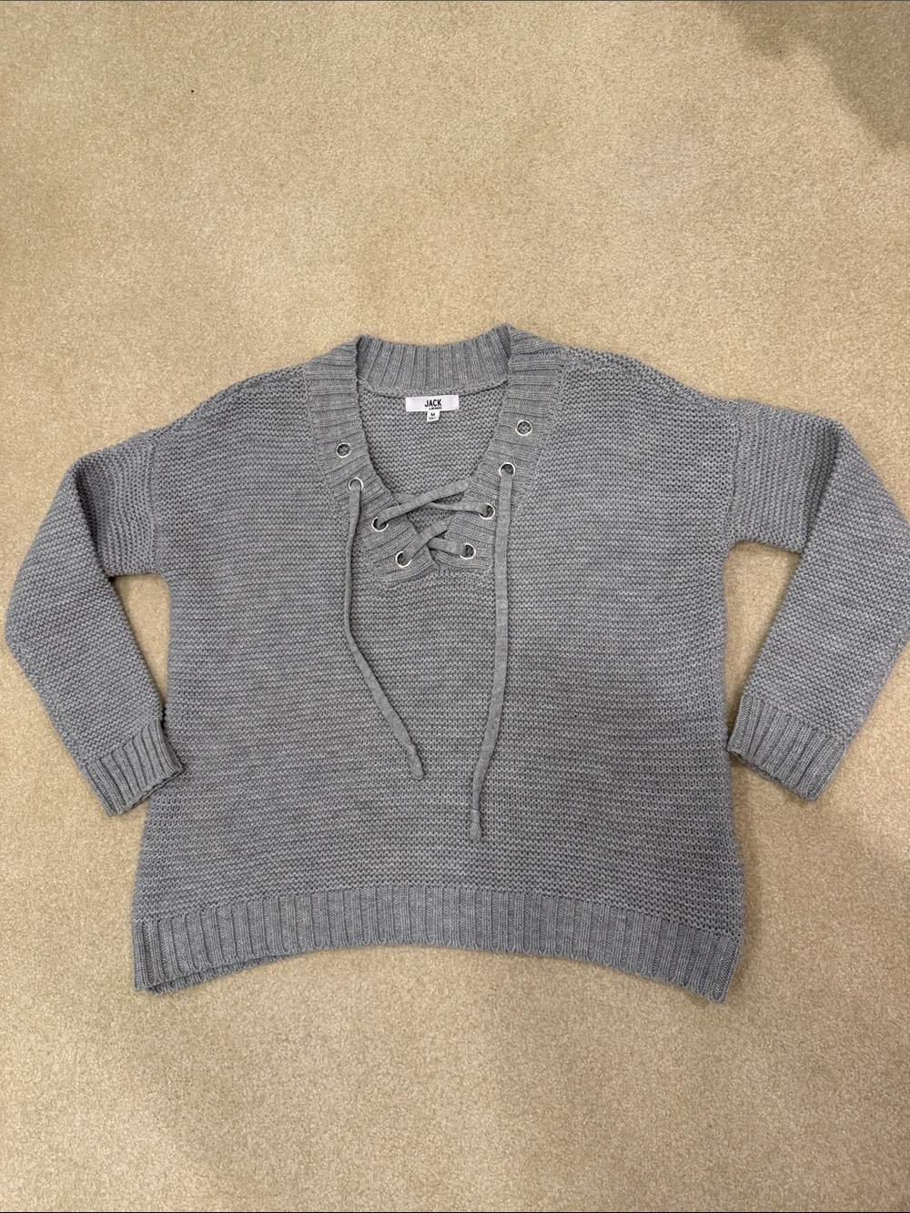 Jack by BB Dakota Gray Lace-Up V-Neck Knit Sweater
